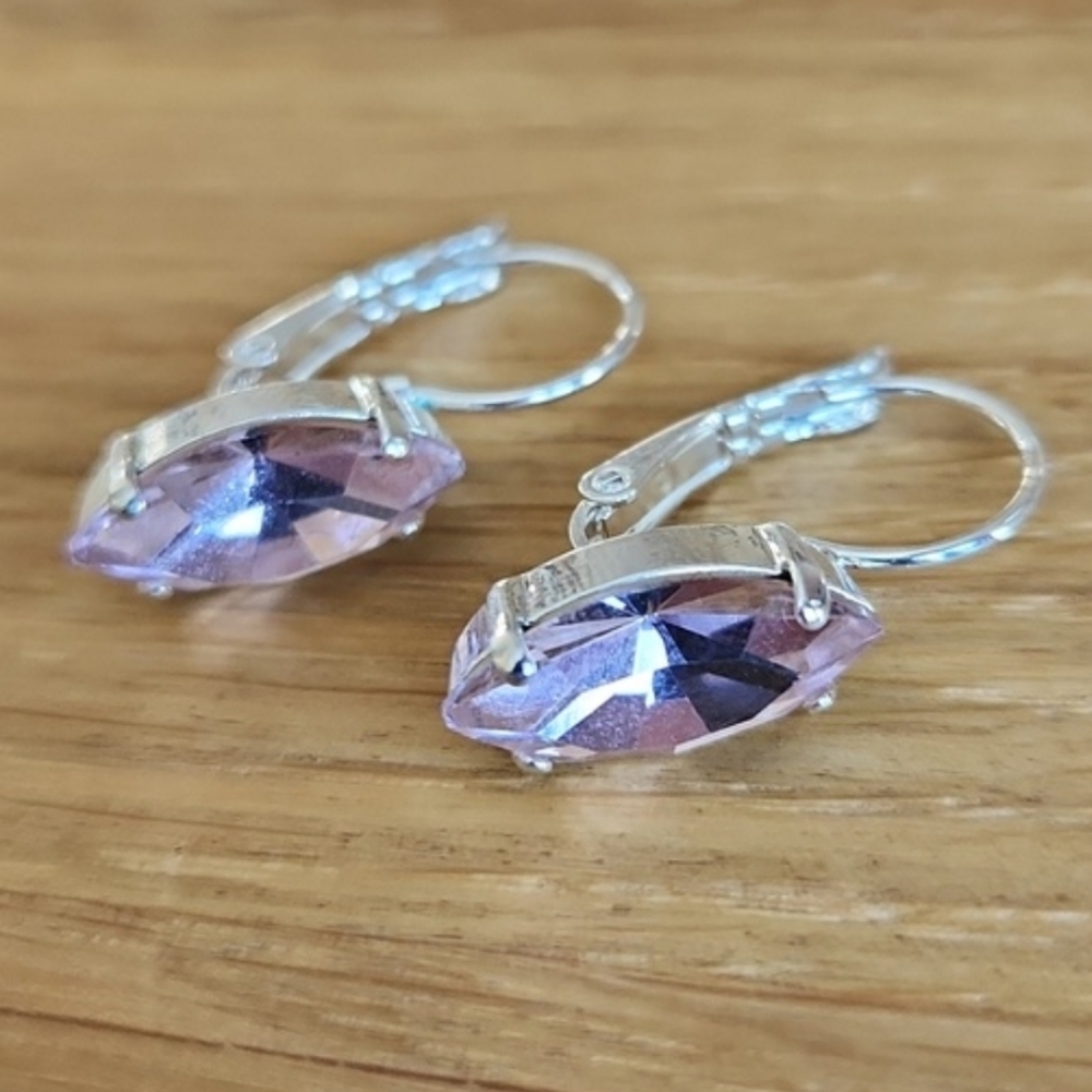 Silver Lever Back Drop Earrings, Light Pink Crystals, Hand Crafted - Picture 5 of 9